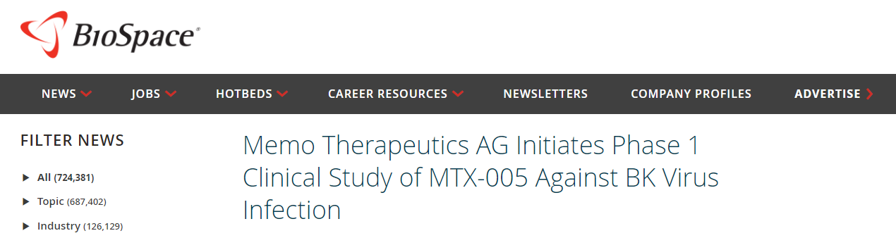Memo Therapeutics AG Initiates Phase 1 Clinical Study of MTX-005 Against BK Virus Infection